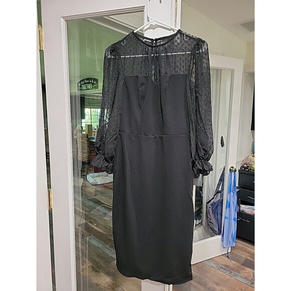 New With Tags Rebecca B Black Swiss Dot Chiffon Long Sleeve Sheath Dress SZ 4 B2 - Picture 1 of 7